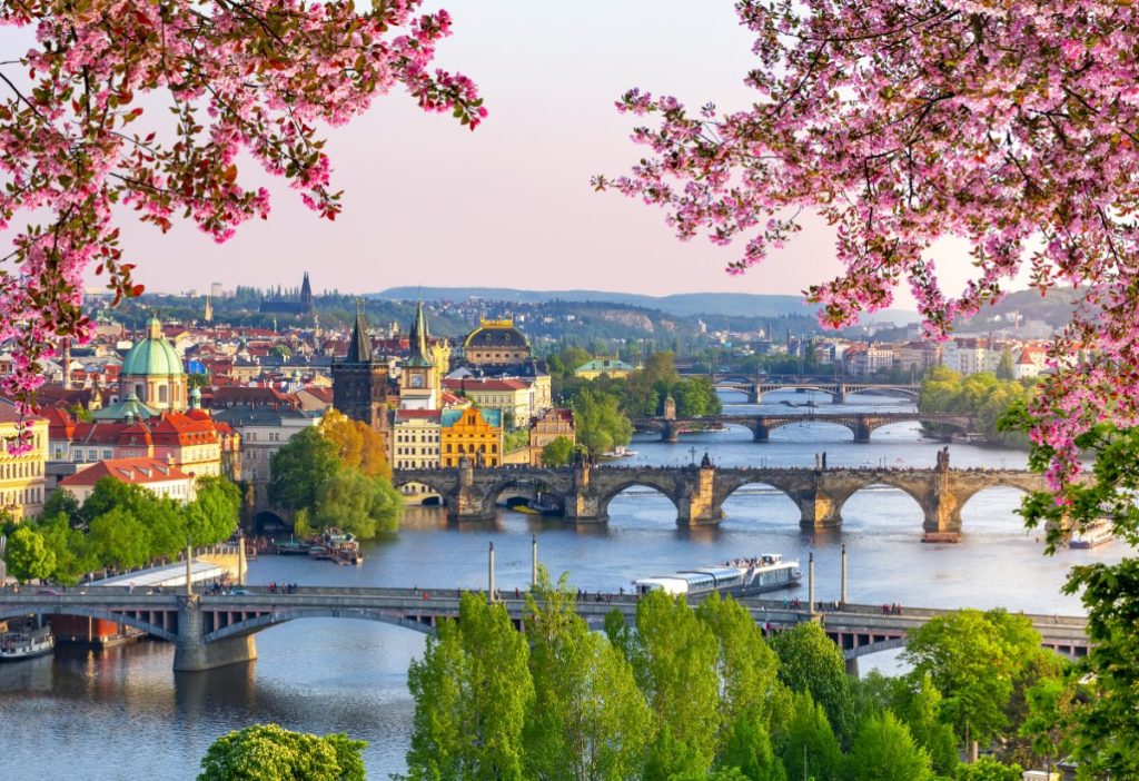 Historiske broer over Vltava-elven i Praha ved solnedgang.