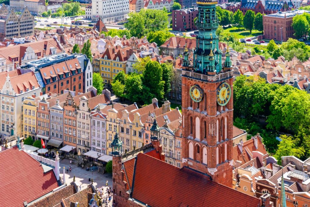 Gdansk fra St. Mary's kirketårn med fargerike fasader, Polen.