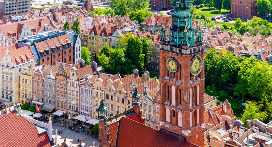Gdansk fra St. Mary's kirketårn med fargerike fasader, Polen.